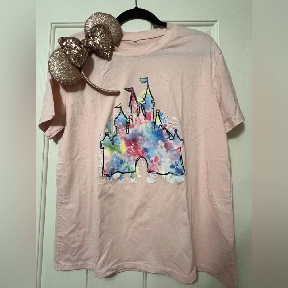 Light Pink xl Watercolor Magic Kingdom T shirt + Rose Gold Mickey Ears